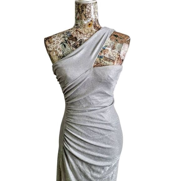 Sparkle Silver Glitter One-Shoulder Shiny Lurex High Slit Gown Long Maxi Dress - Picture 8 of 15